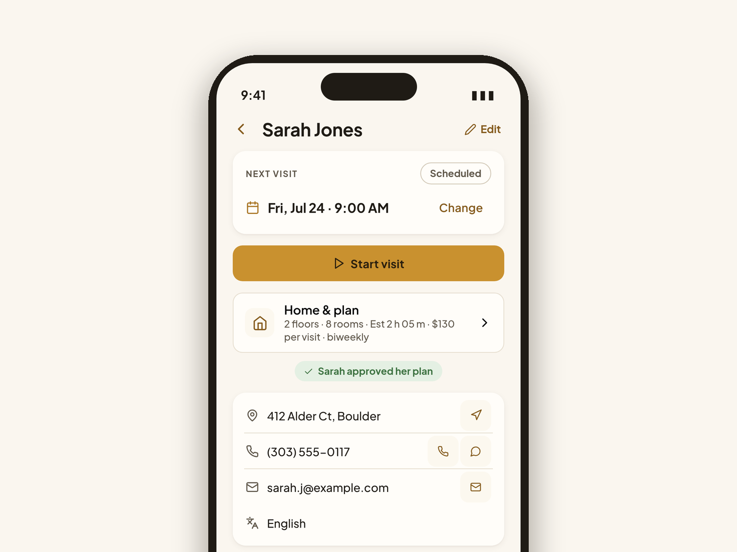 Ficha da cliente no Lustre com próxima visita, plano e notas de acesso